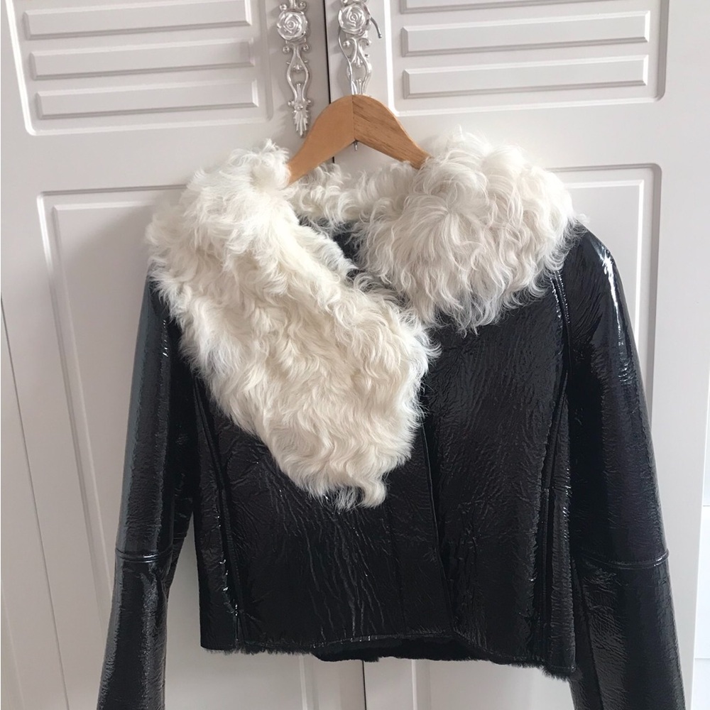 Black Patent Jacket with Cream Faux Fur Collar - Picture 1 of 3